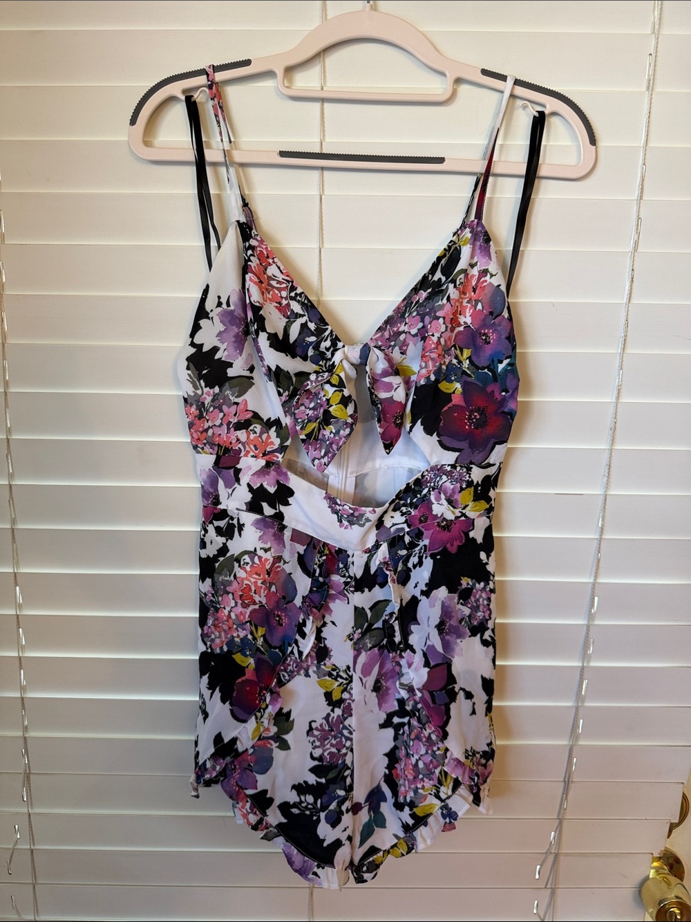 bebe Floral Tie-Front Romper in Purple, Pink & Black